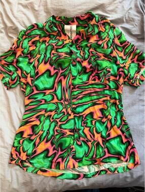 COLLUSION Unisex Psychedelic Swirl Neon Short Sleeve Button Down Shirt Small S